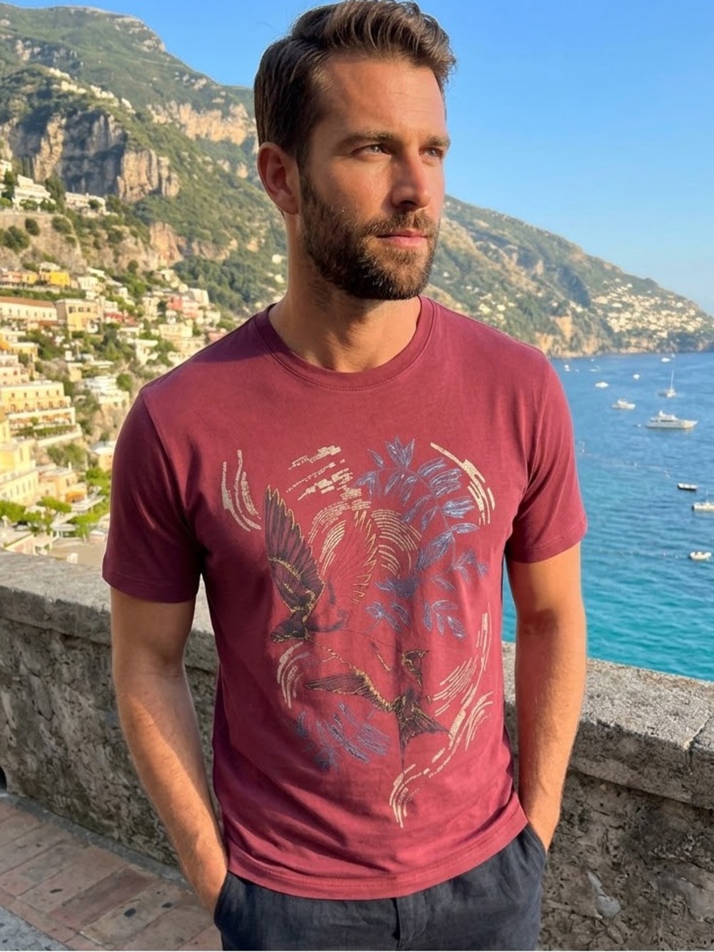 Ermenegildo Zegna Burgundy Bird Print and Embroidered Graphic Crewneck T-Shirt L